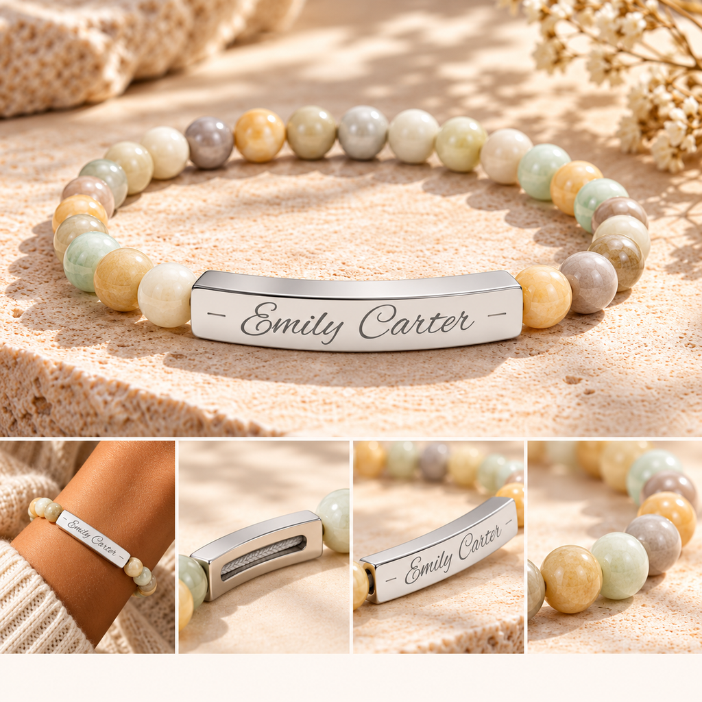 Personalized Natural Stone Bracelet – Custom Name Engraving