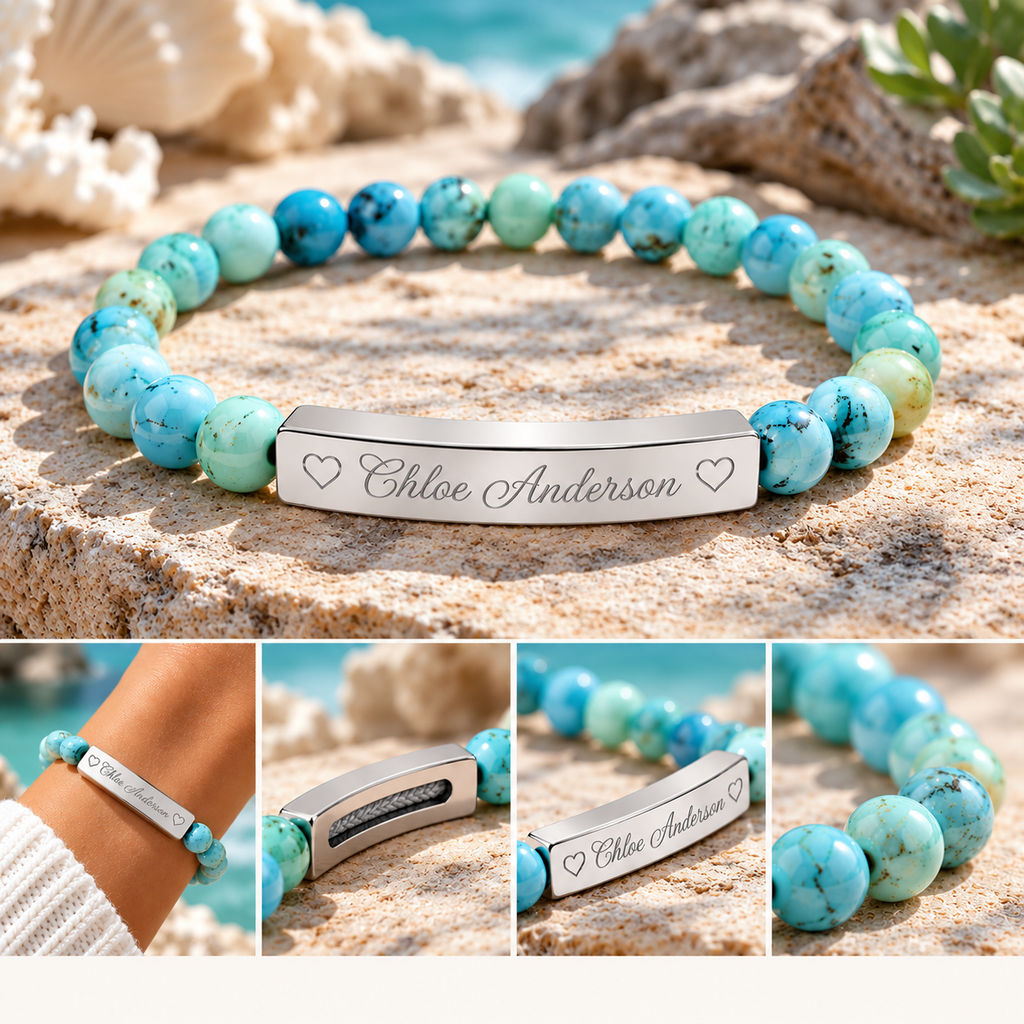 Personalized Natural Stone Bracelet – Custom Name & Hearts