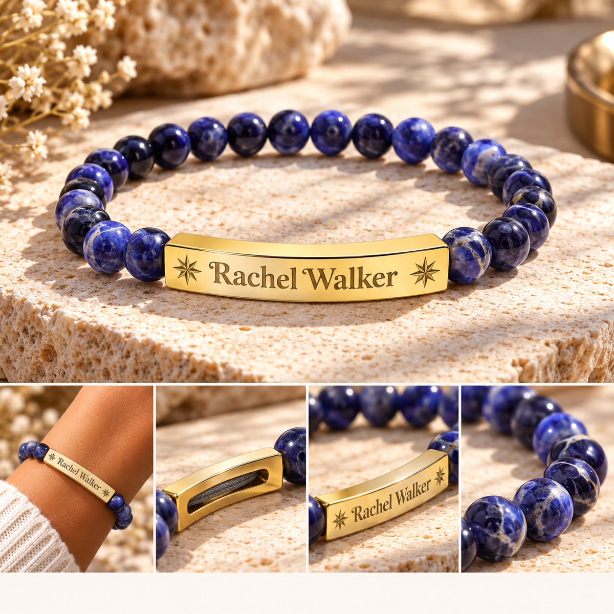 Personalized Natural Stone Bracelet – Custom Name & Sun