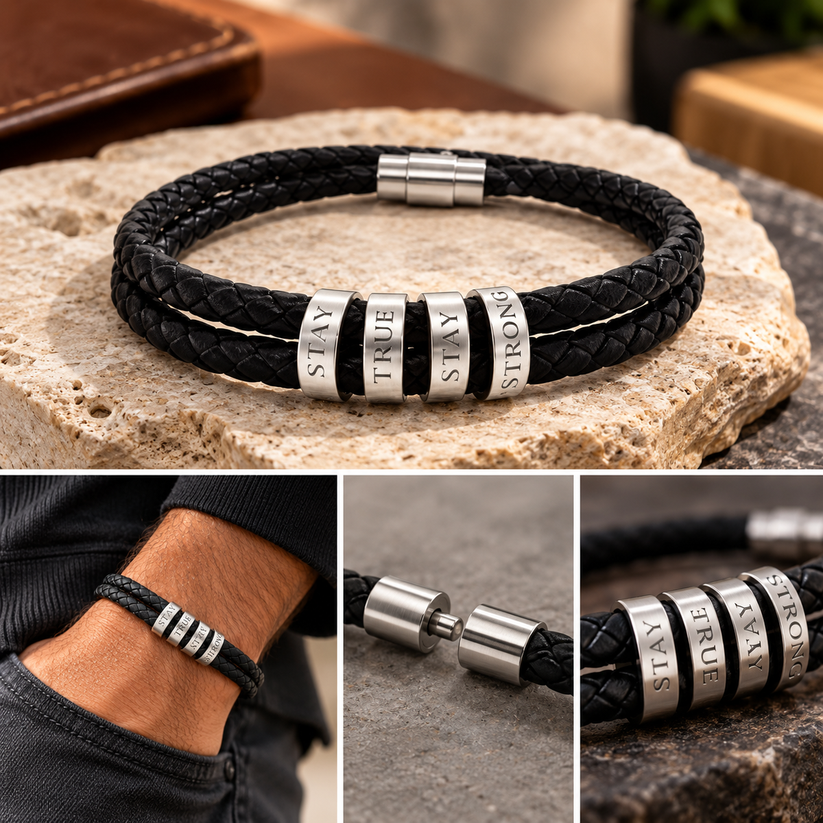 Stay True Stay Strong Leather Bracelet – Engraved Beads