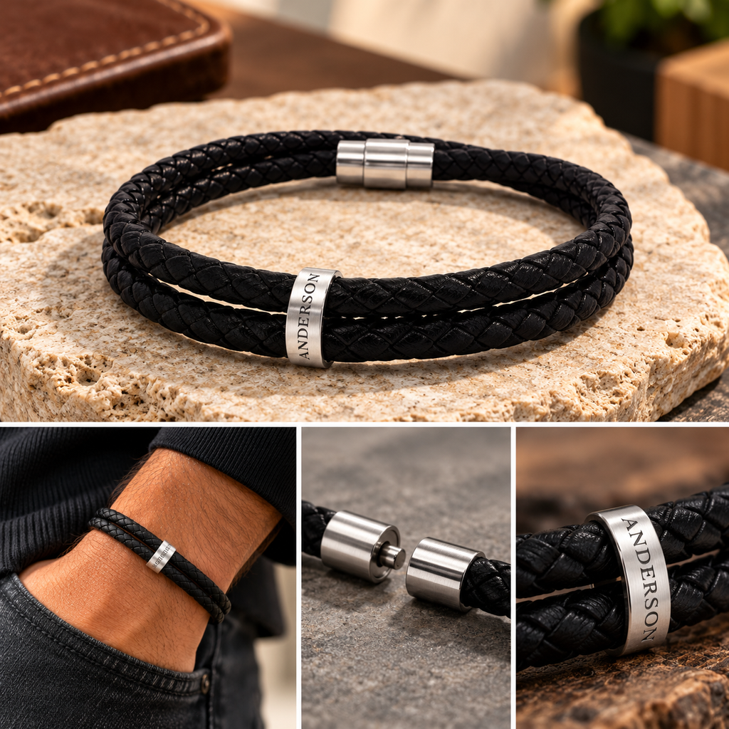 Personalized Leather Bracelet – Custom Engraved Bead