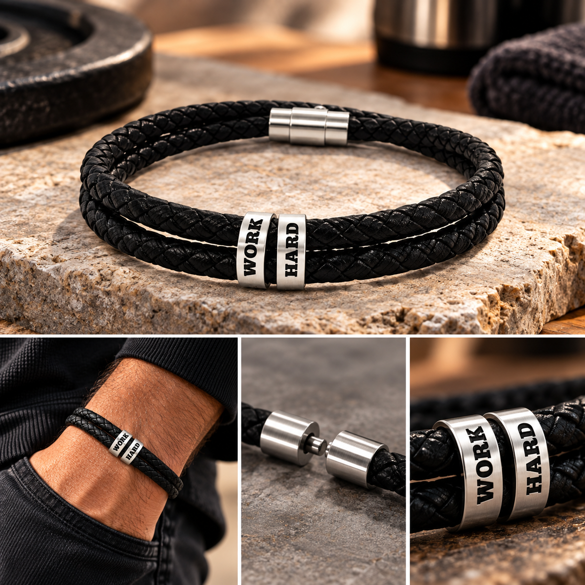 Work Hard Leather Bracelet – Engraved Beads