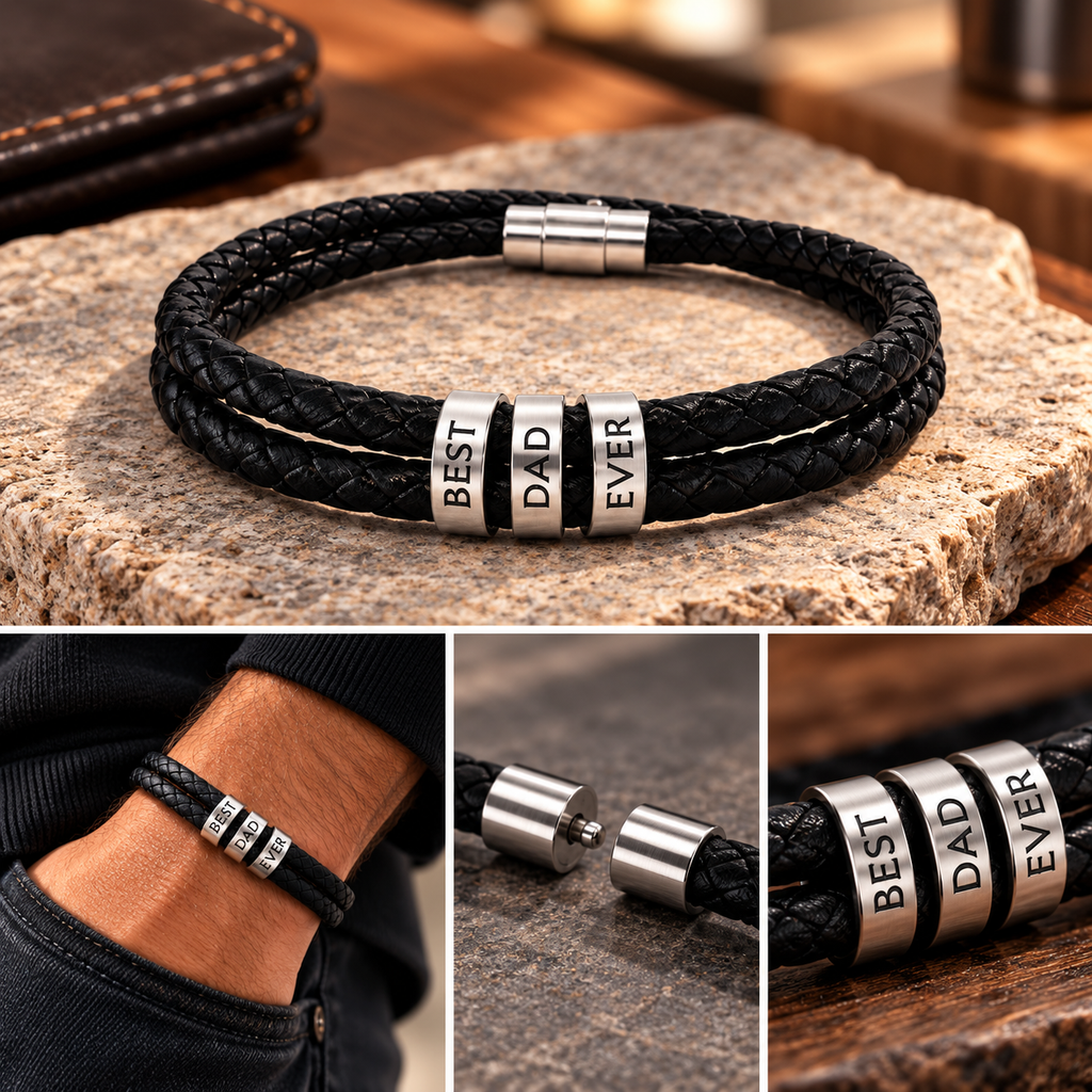Best Dad Ever Leather Bracelet – Engraved Beads