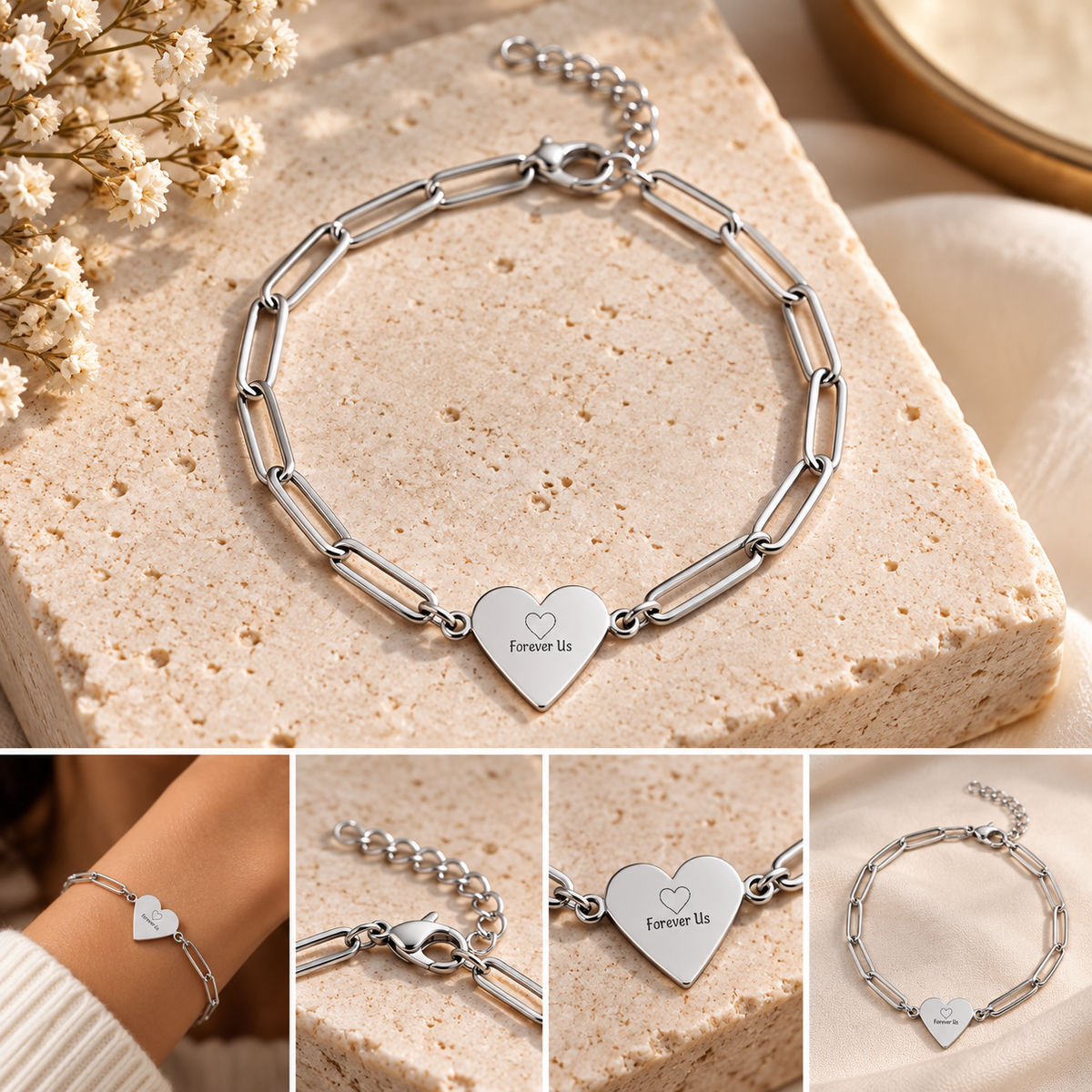 Forever Us Heart Bracelet – Engraved Paperclip Chain