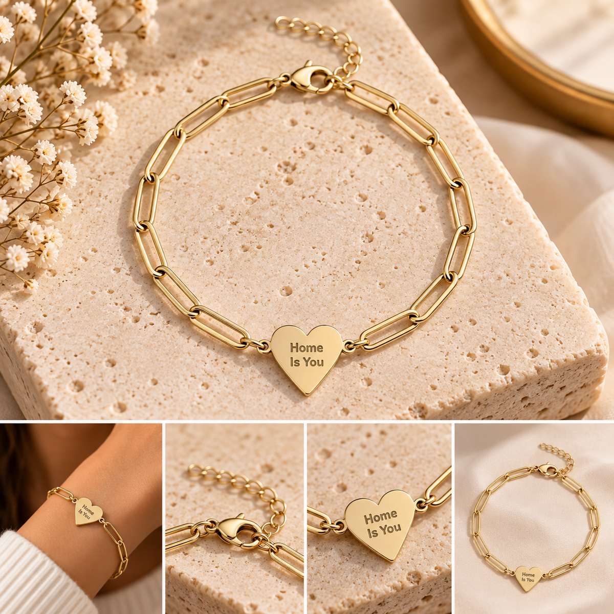 Home Is You Heart Bracelet – Engraved Paperclip Chain