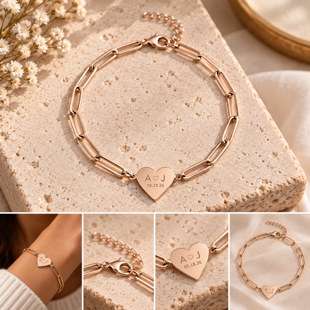 Personalized Heart Bracelet – Custom Initials & Date