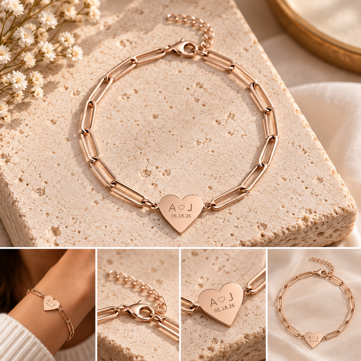 Personalized Heart Bracelet – Custom Initials & Date