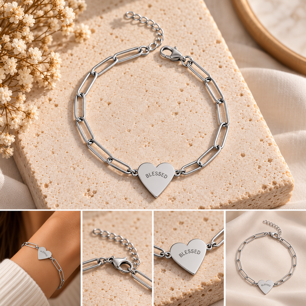 Blessed Heart Bracelet – Engraved Paperclip Chain
