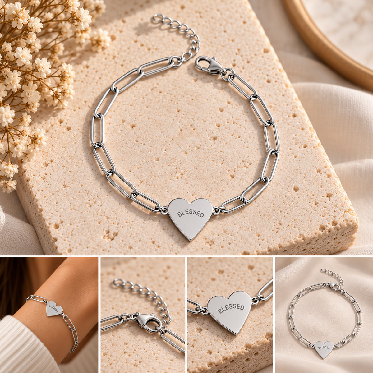 Blessed Heart Bracelet – Engraved Paperclip Chain