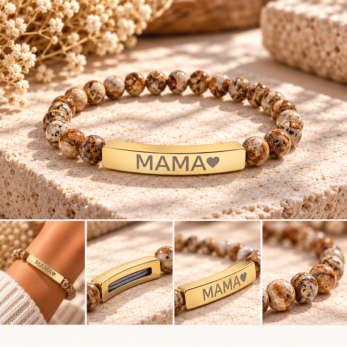 Mama Heart Natural Stone Bracelet – Engraved Beaded Jewelry