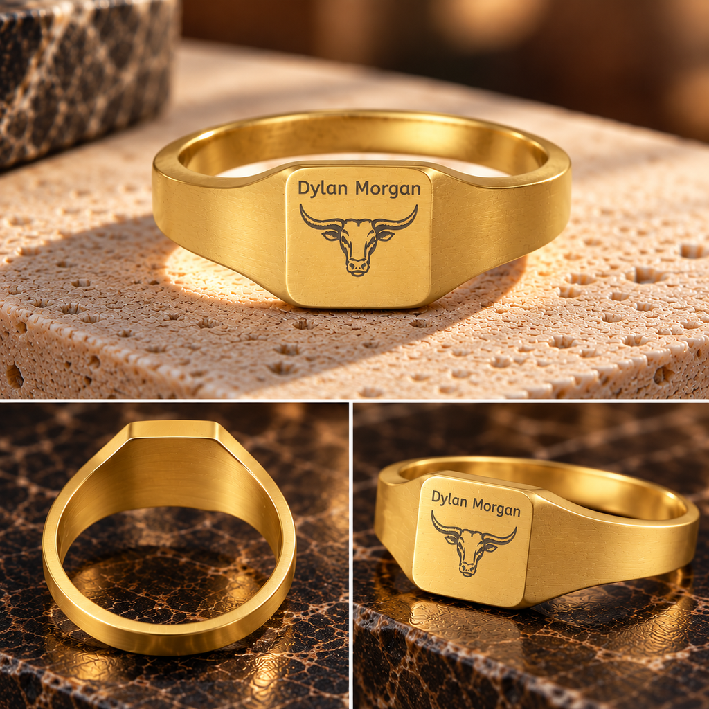 Personalized Western Signet Ring – Custom Name & Bull Engraving