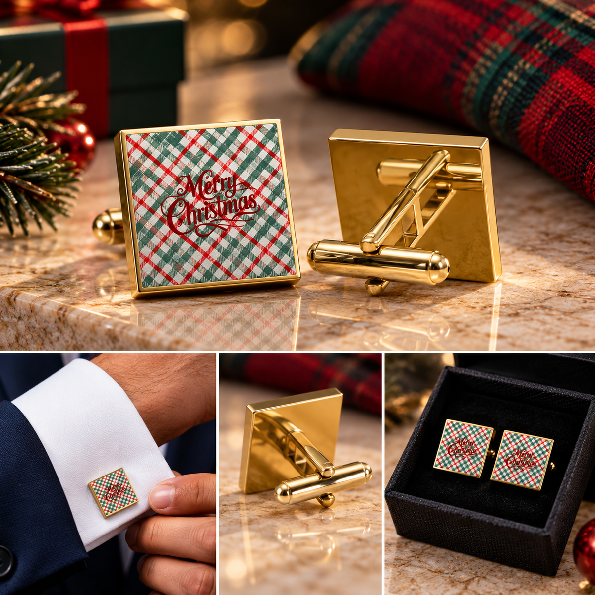 Merry Christmas Plaid Cufflinks – Holiday Cufflinks for Men