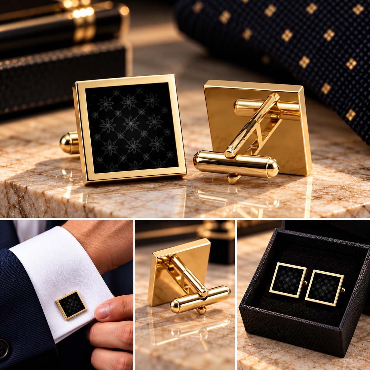 Black Floral Cufflinks – Elegant Botanical Gold Cufflinks for Men