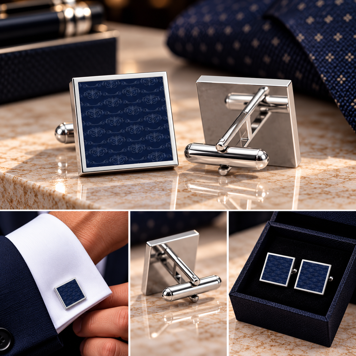 Navy Blue Ornamental Cufflinks – Elegant Cufflinks for Men