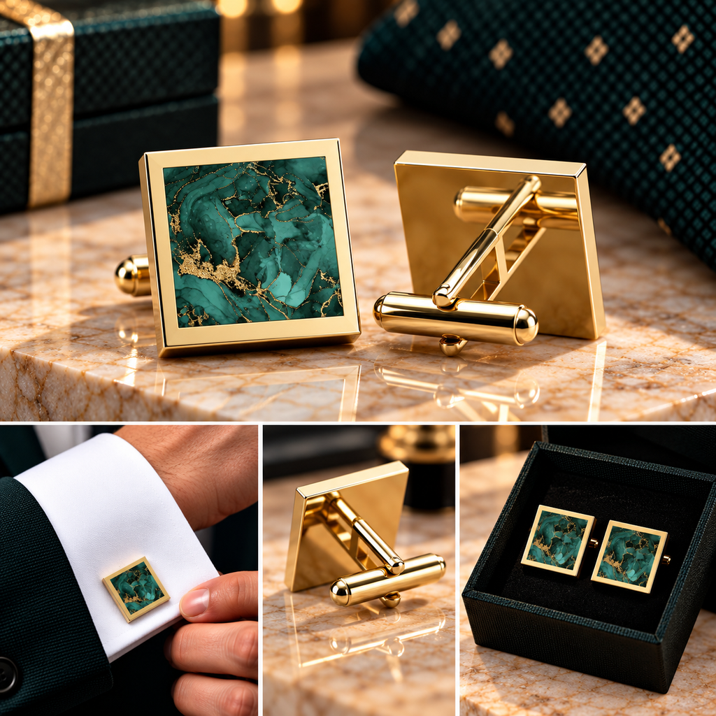 Emerald Green Marble Cufflinks – Elegant Gold Cufflinks for Men