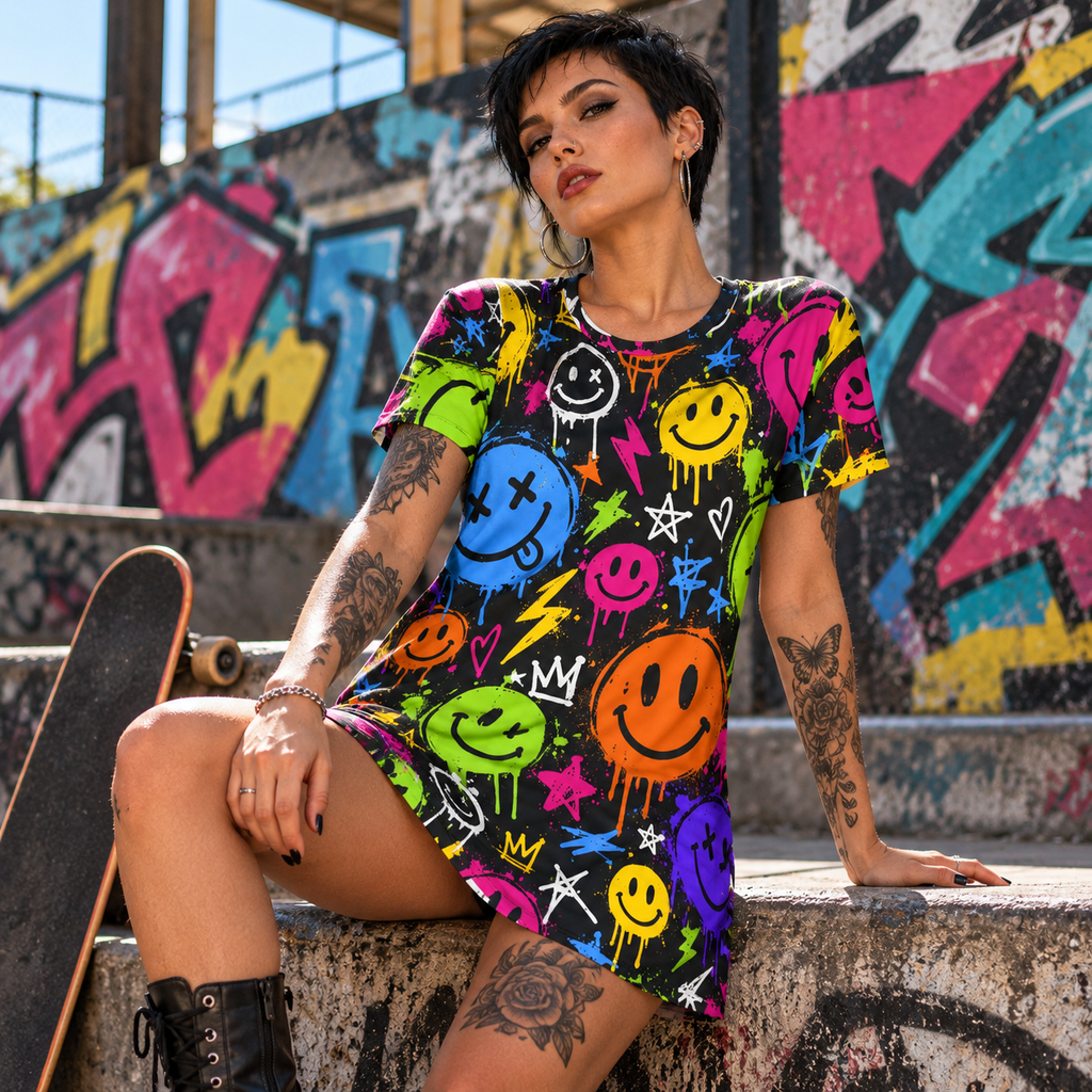 Graffiti Smiley T-Shirt Dress – Colorful Street Art Print