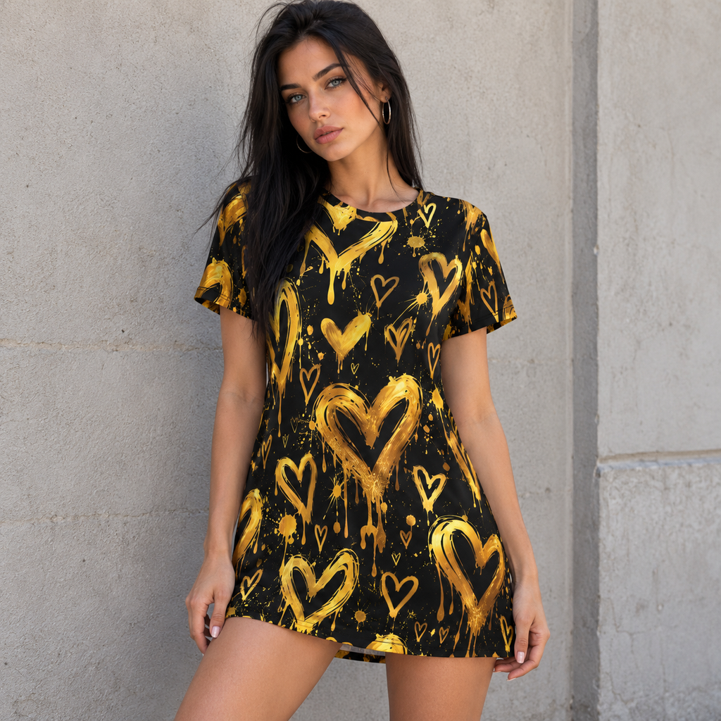 Gold Graffiti Heart T-Shirt Dress – Black & Gold Streetwear Print