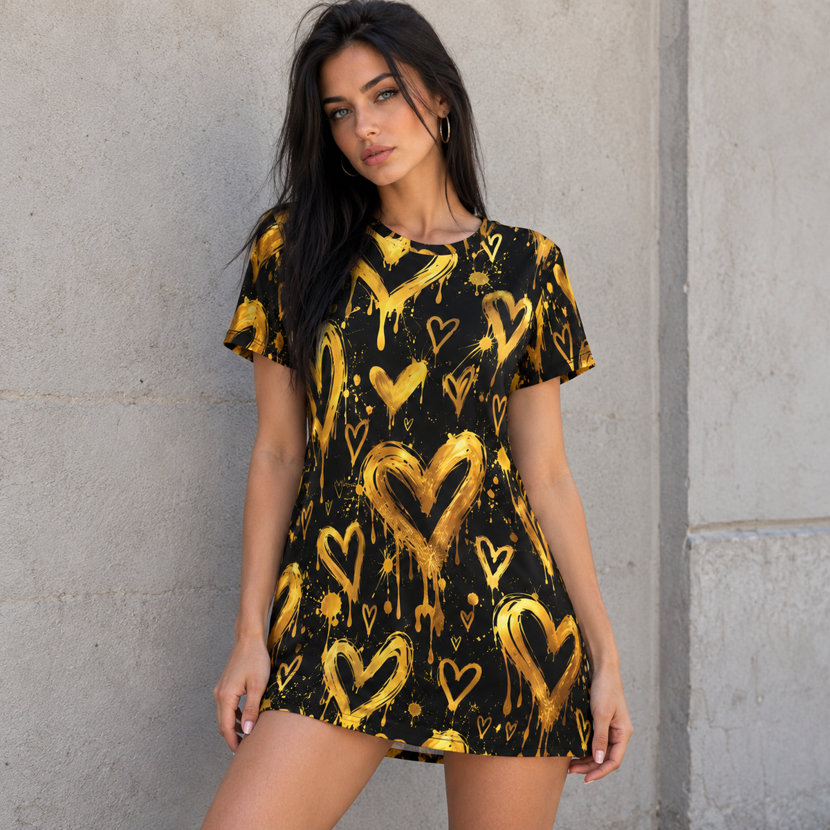 Gold Graffiti Heart T-Shirt Dress – Black & Gold Streetwear Print