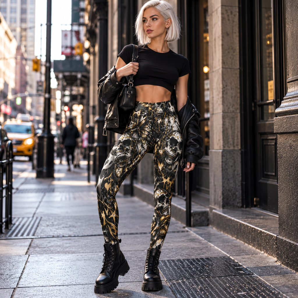 Gothic Skull Leggings – Black & Gold Tattoo Print