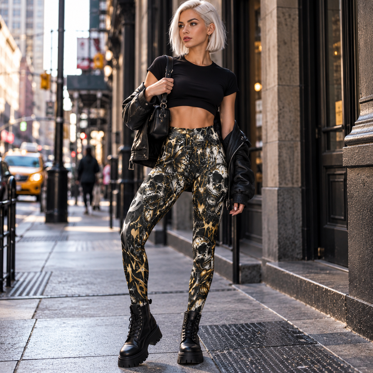 Gothic Skull Leggings – Black & Gold Tattoo Print