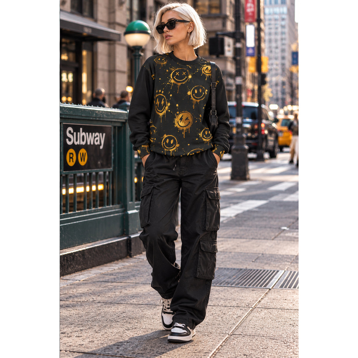 Gold Graffiti Smiley Unisex Sweatshirt – Black Streetwear Print