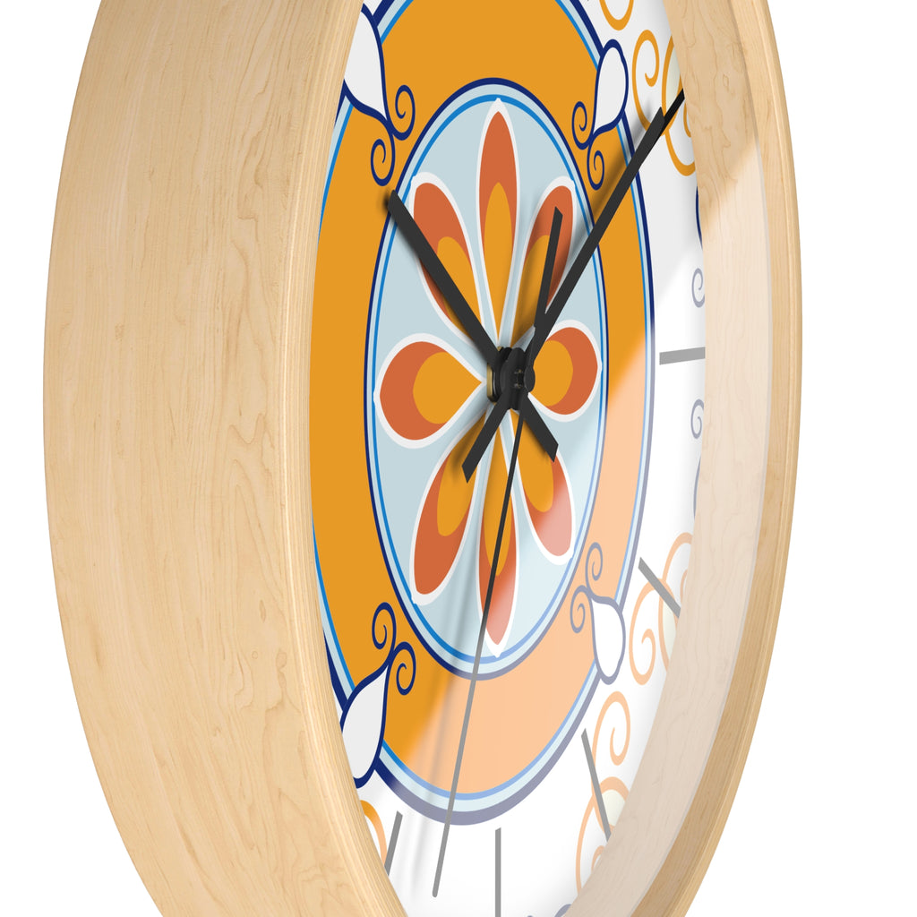 Mediterranean Tile Mandala Wall Clock | Orange Blue Floral Pattern