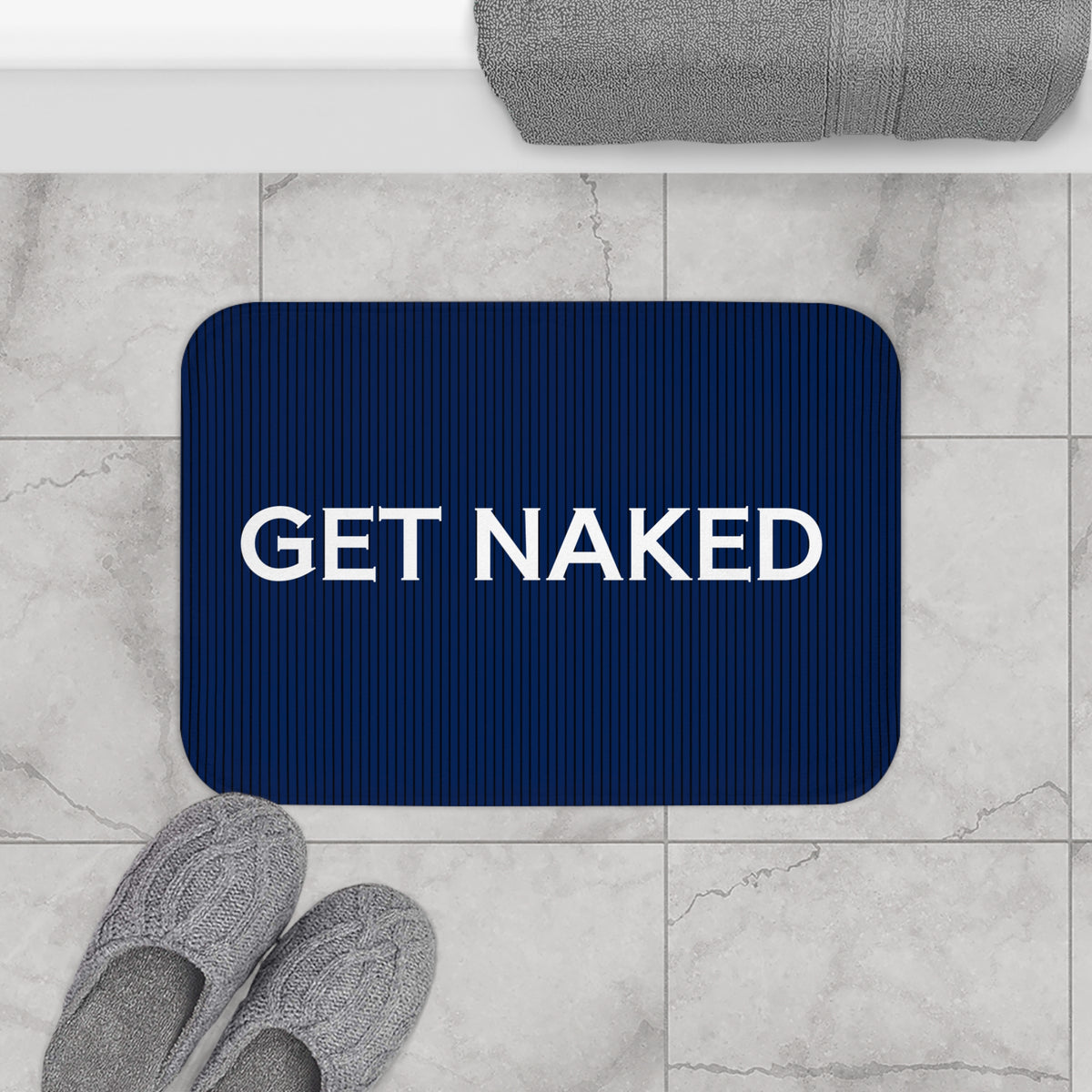 Get Naked Bath Mat – Funny Navy Blue Bathroom Decor