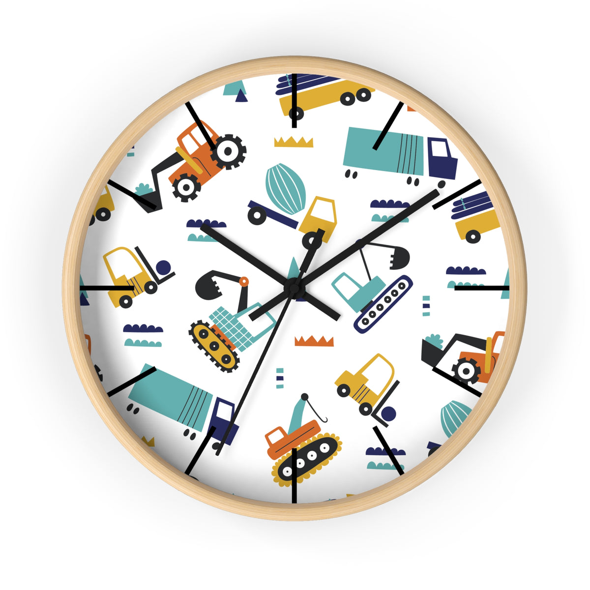 Construction Vehicles Wall Clock | Kids Diggers Excavator Pattern