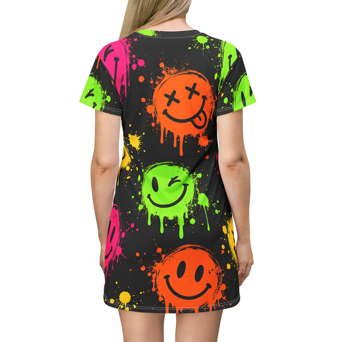 Neon Smiley T-Shirt Dress – Urban Graffiti Streetwear Print