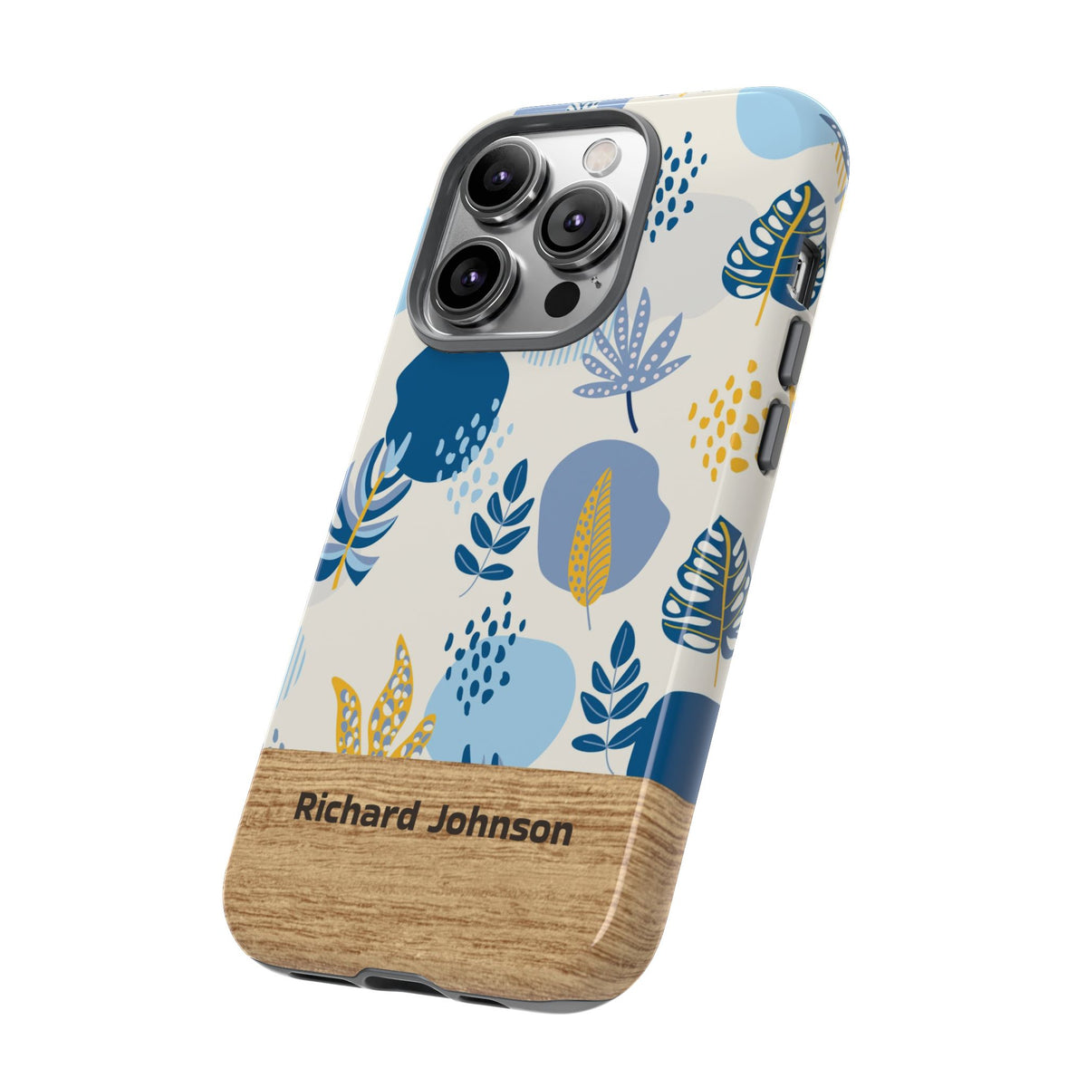 Personalized Botanical Phone Case with Name – Blue Floral Wood Accent Tough Case