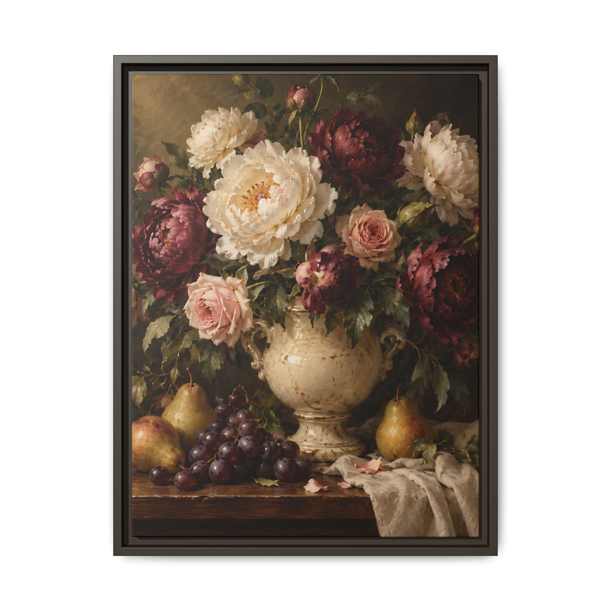Vintage Floral Still Life Framed Canvas – Dark Romantic Wall Art