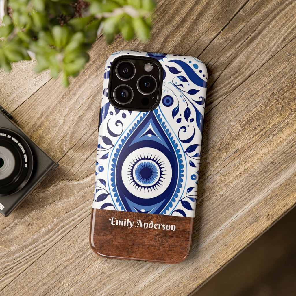 Personalized Blue Tile Phone Case with Name – Mediterranean Floral Design