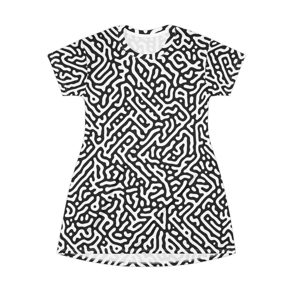Black & White Maze Pattern T-Shirt Dress  All-Over Print Casual Dress