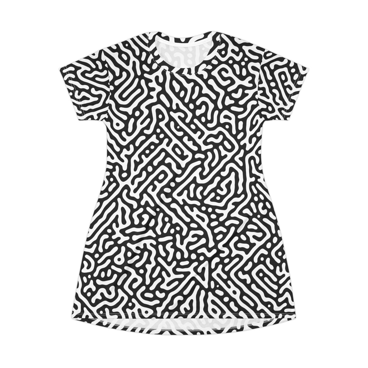 Black & White Maze Pattern T-Shirt Dress  All-Over Print Casual Dress