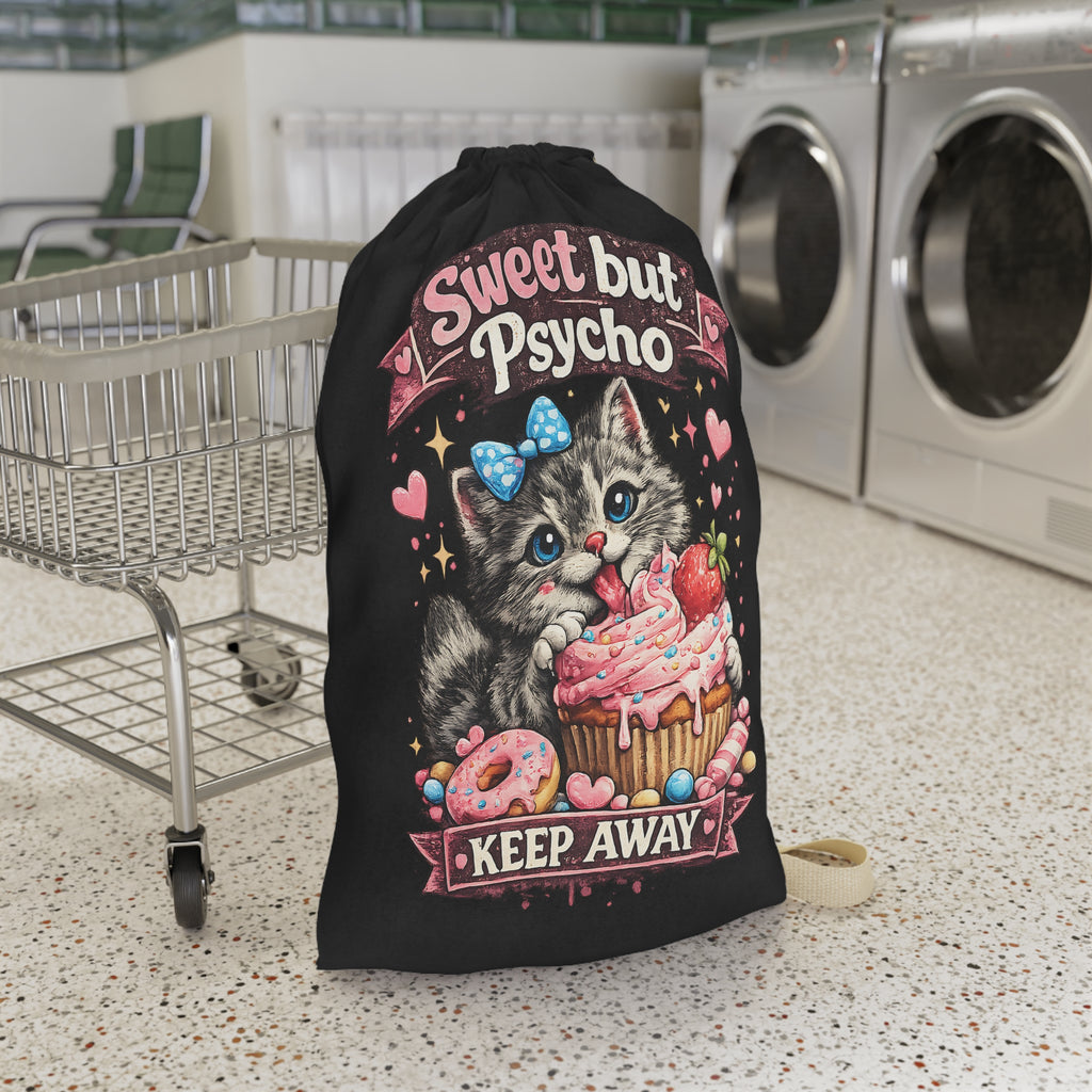 Sweet But Psycho kitten Laundry Bag | Cute Cat Dessert Illustration, Keep Away
