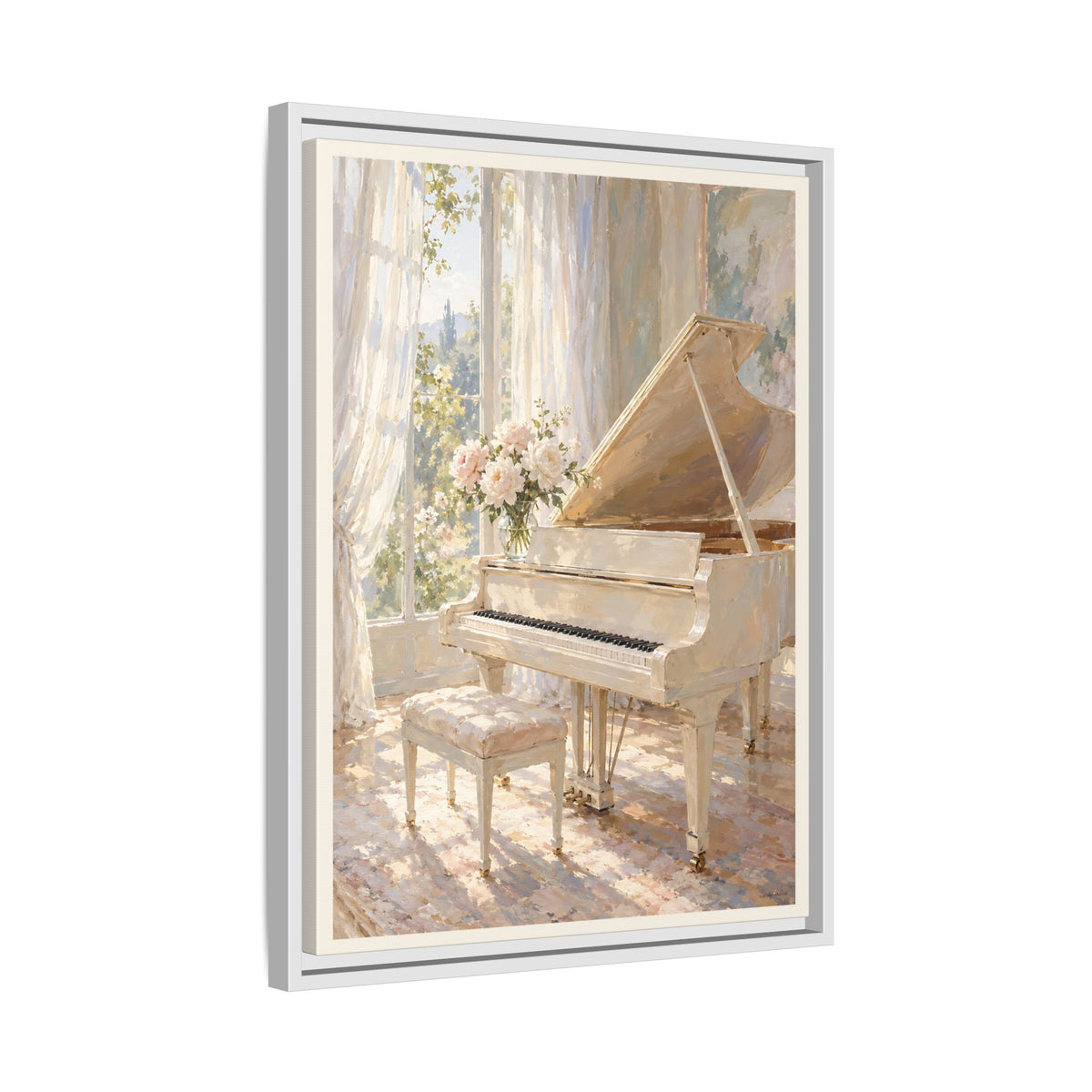White Grand Piano Framed Canvas – Elegant Music Room Wall Art