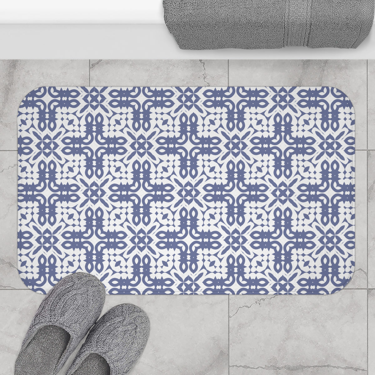 Blue Geometric Tile Bath Mat – Mediterranean Pattern Bathroom Decor