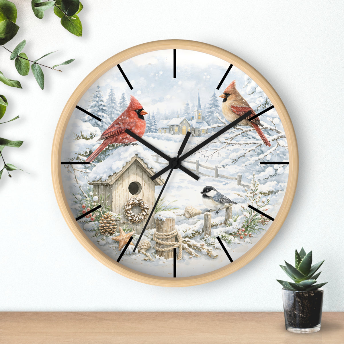 Cardinal Winter Scene Wall Clock | Snowy Birdhouse, Pinecones, Rustic Cabin