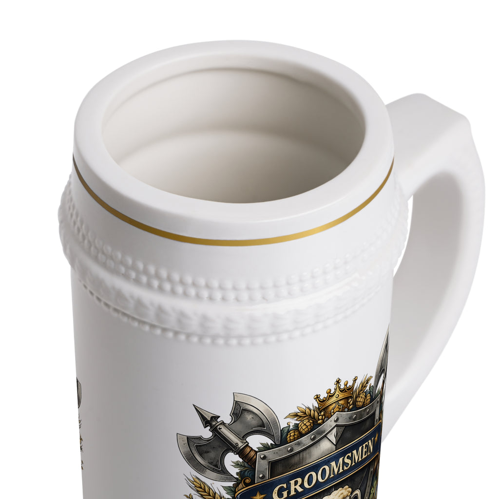 Personalized Groomsmen Beer Stein 22oz - Custom Name Wedding Mug, Medieval Shield Beer Stein
