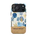 Personalized Botanical Phone Case with Name – Blue Floral Wood Accent Tough Case