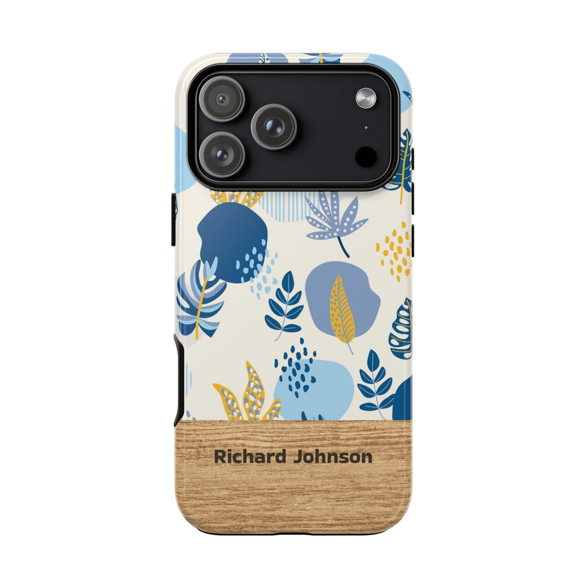 Personalized Botanical Phone Case with Name – Blue Floral Wood Accent Tough Case