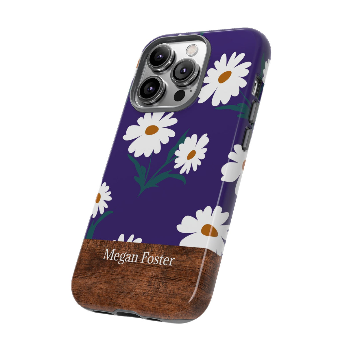 Personalized Daisy Phone Case with Name – Purple Floral Wood Accent Tough Case