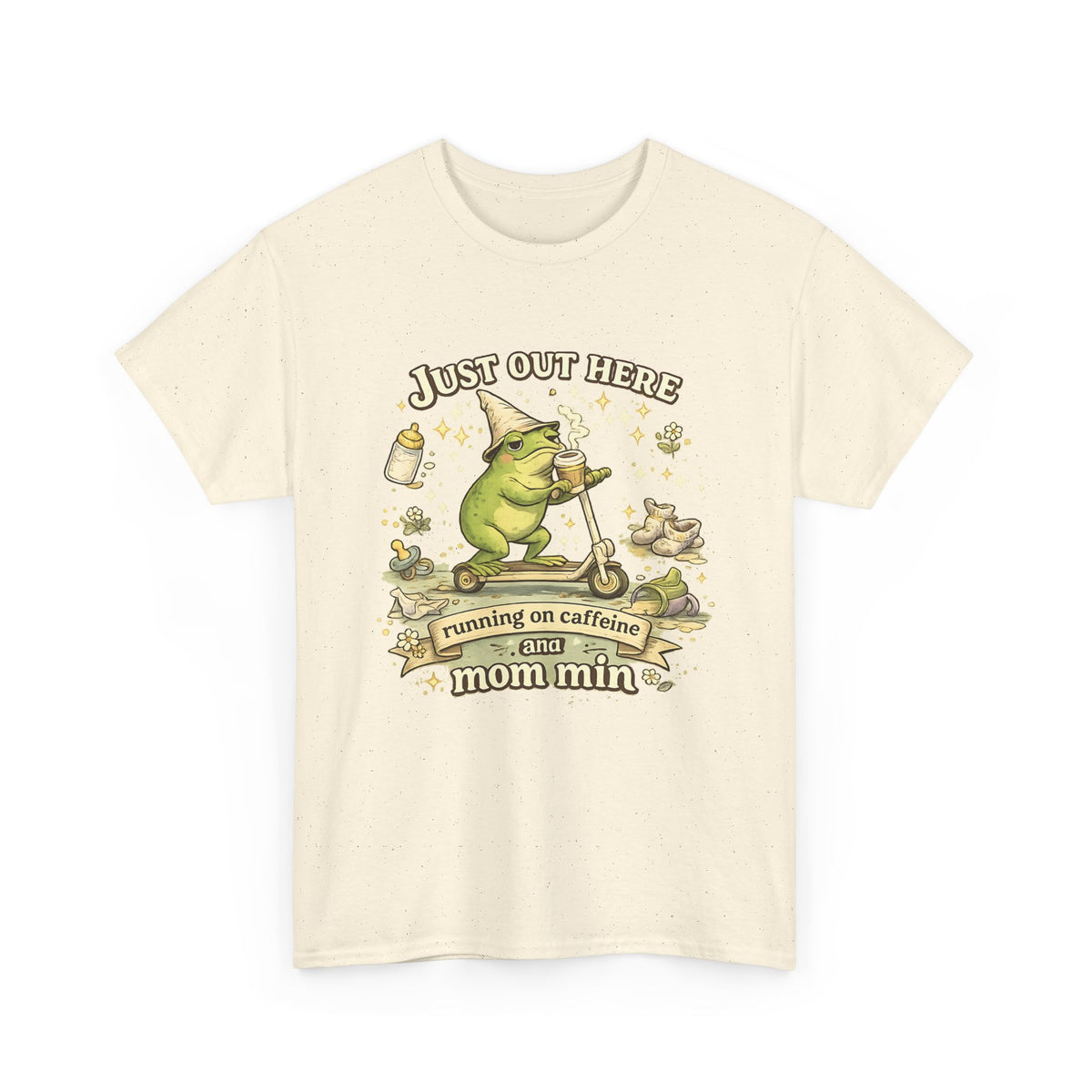 “Running on Caffeine & Mommin’” T-Shirt – Funny Mom Coffee & Frog Graphic Tee