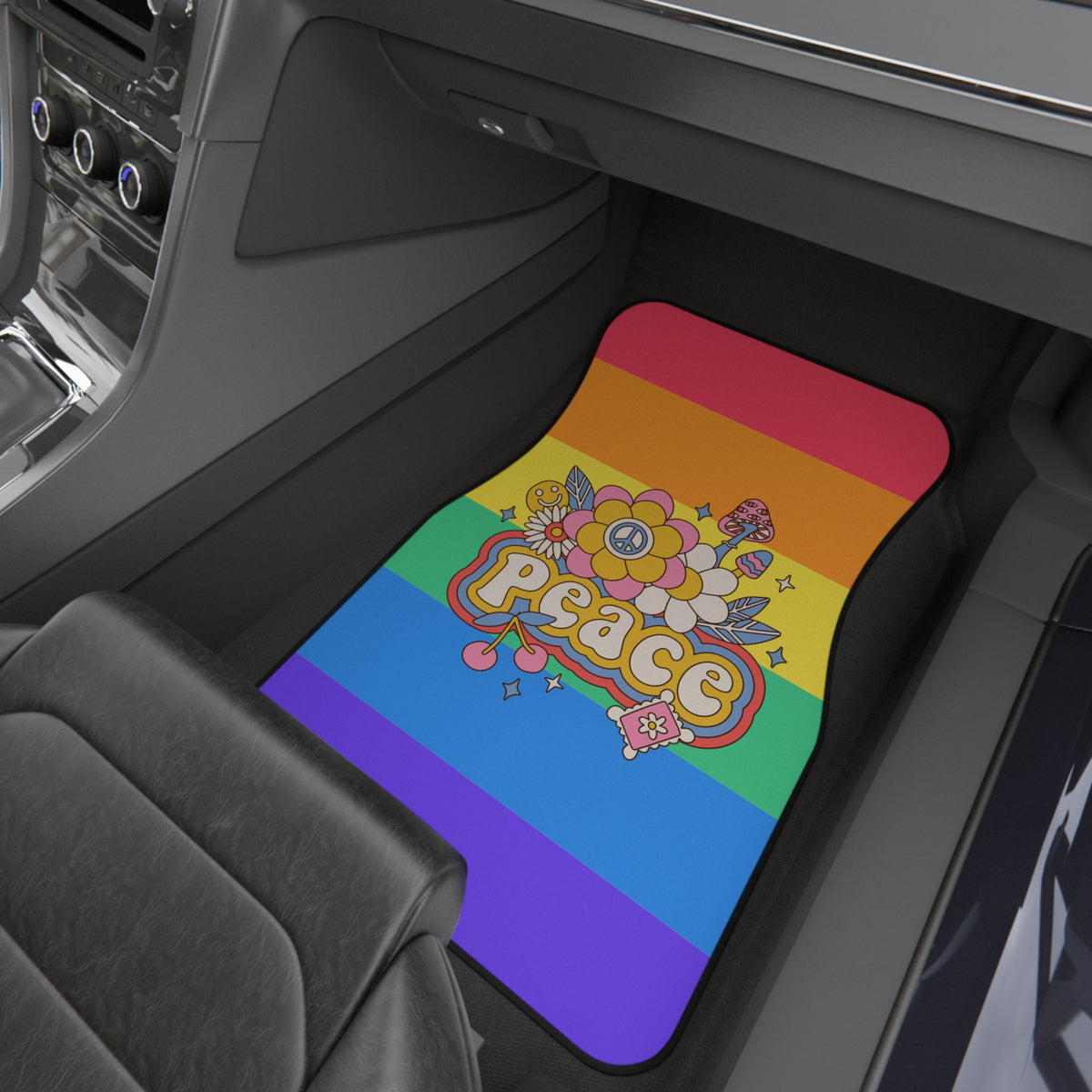 Rainbow Peace Car Floor Mats – Retro 4-Piece Set