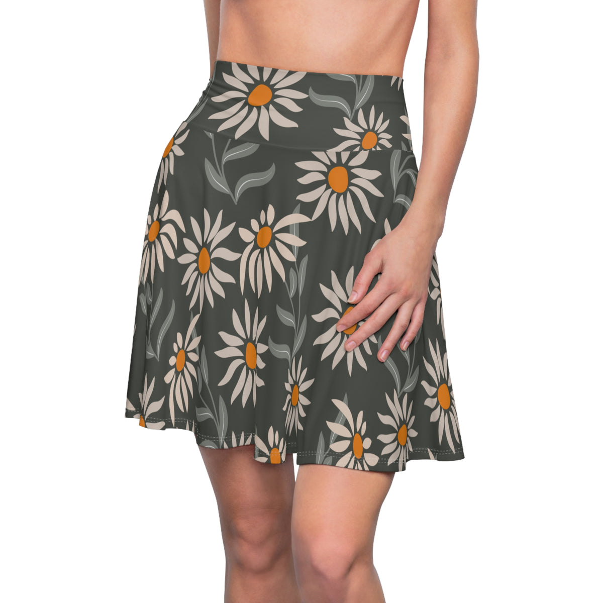 Daisy Floral Skater Skirt – Gray Flower Pattern