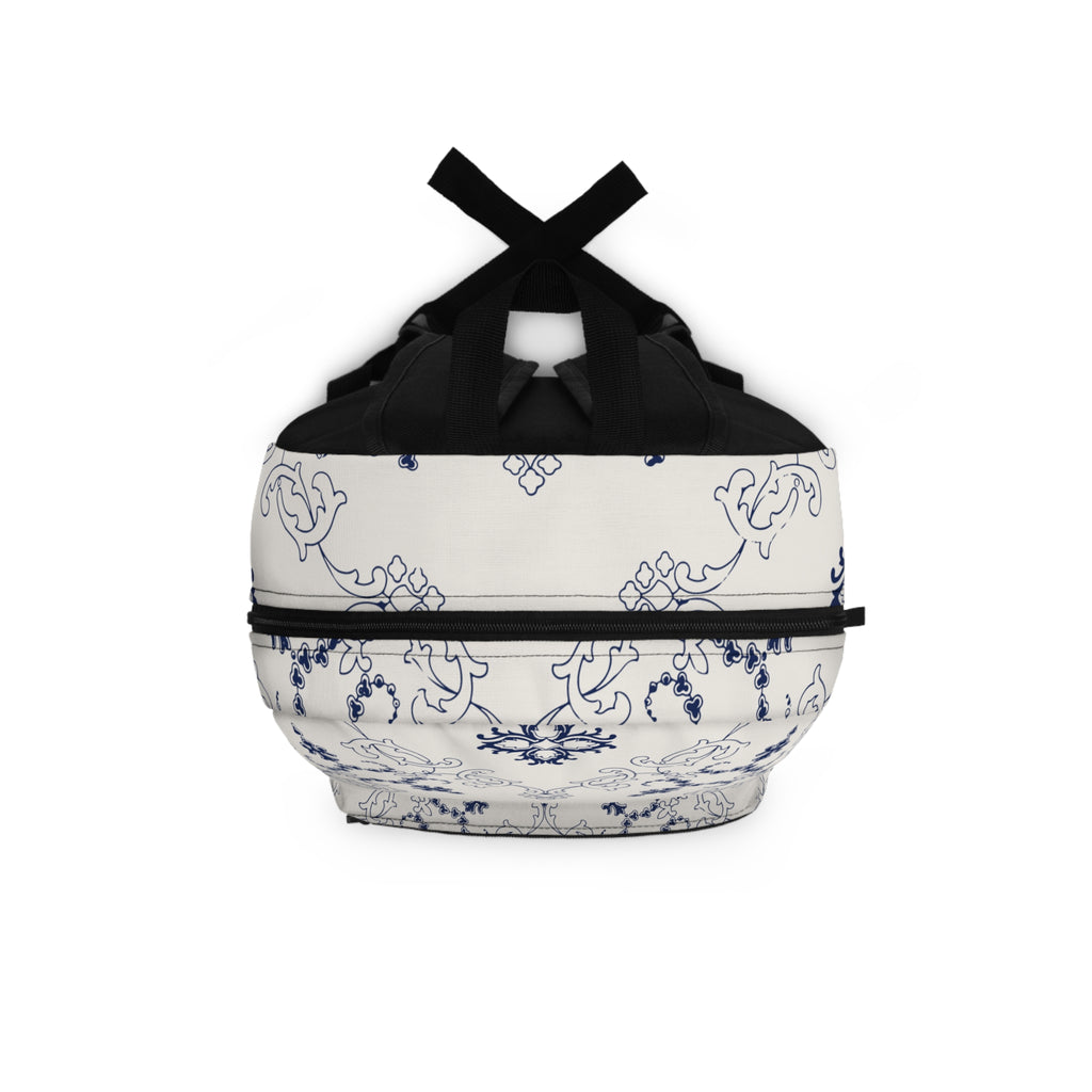 Cream & Blue Vintage Floral Backpack – Elegant Botanical Pattern