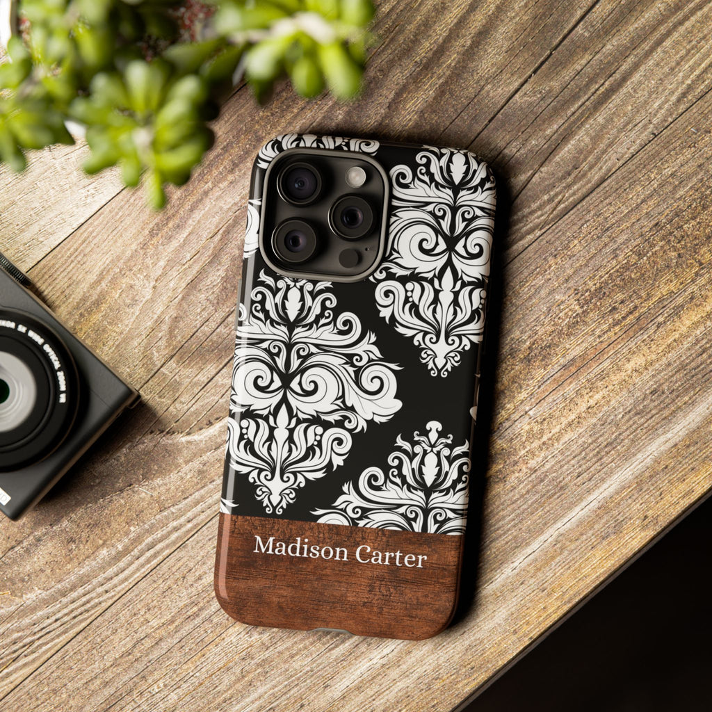 Personalized Damask Phone Case with Name – Black & White Wood Accent Tough Case