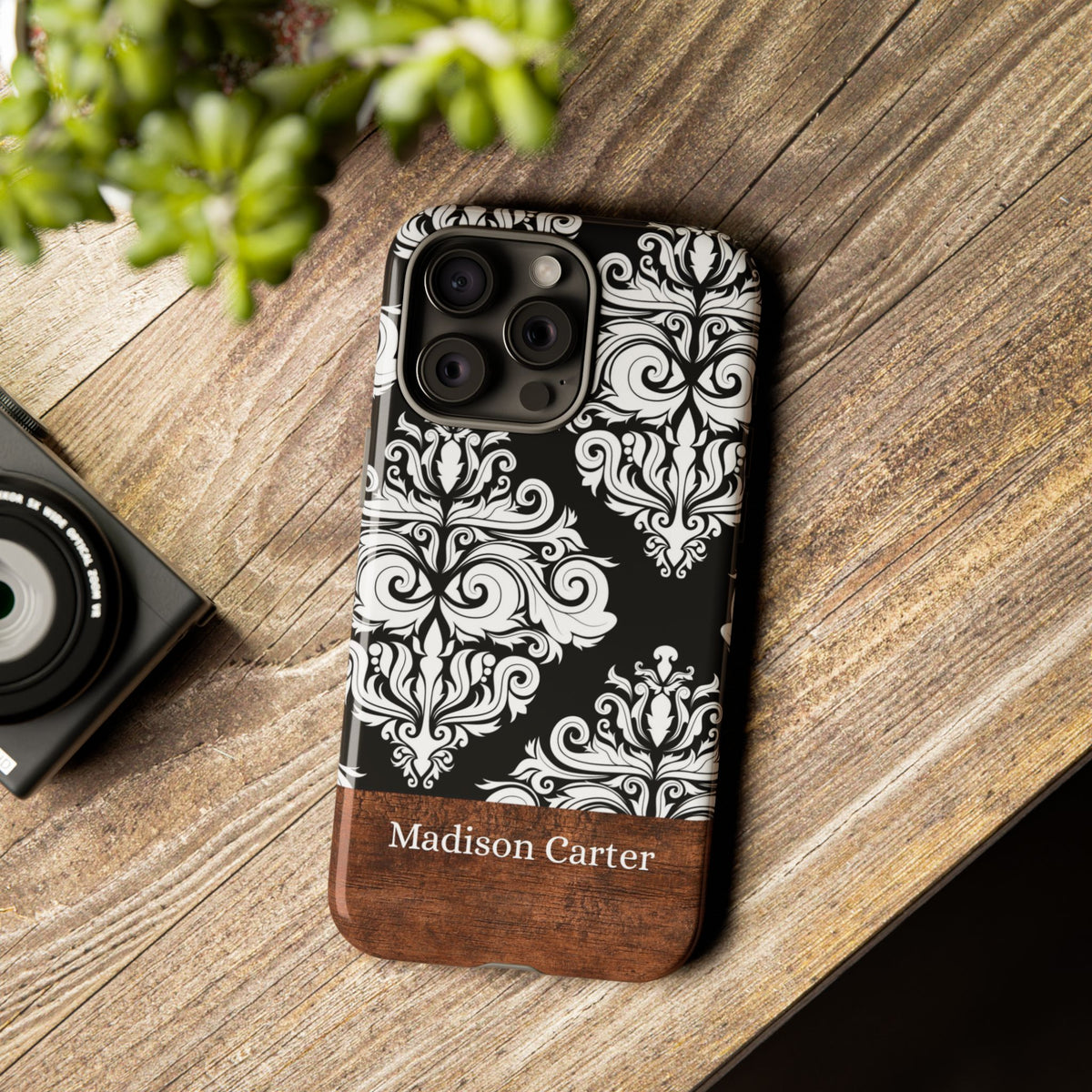 Personalized Damask Phone Case with Name – Black & White Wood Accent Tough Case