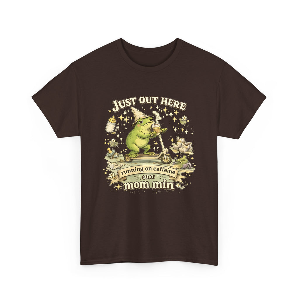 “Running on Caffeine & Mommin’” T-Shirt – Funny Mom Coffee & Frog Graphic Tee