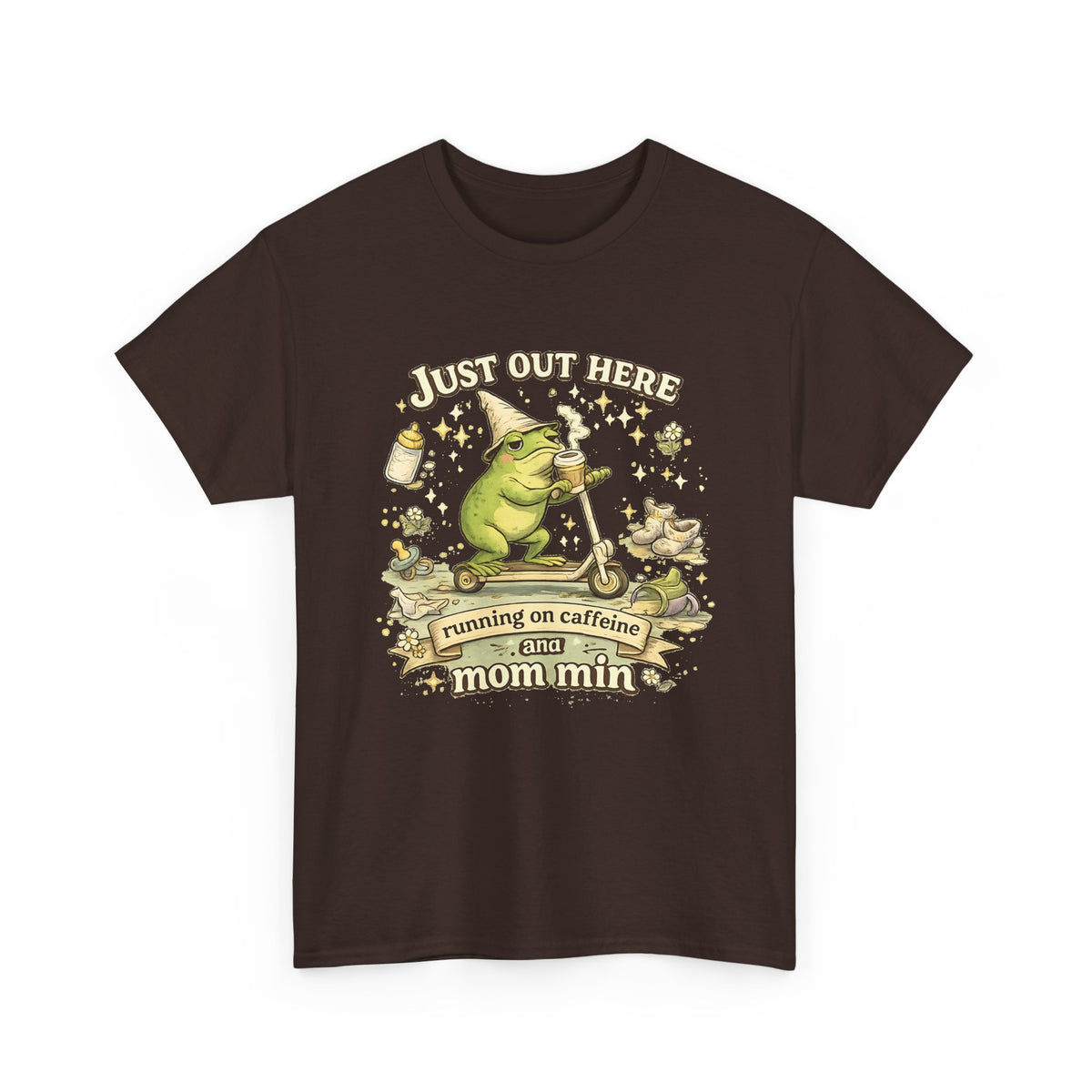“Running on Caffeine & Mommin’” T-Shirt – Funny Mom Coffee & Frog Graphic Tee